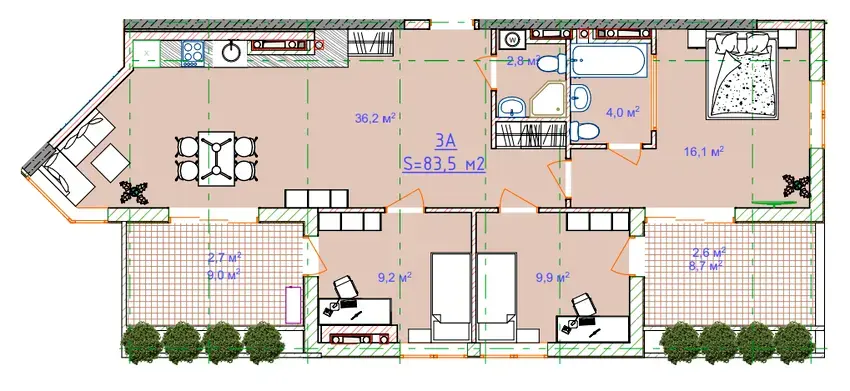 Планировка 3-комнатной квартиры в ЖК Таировские Сады — вариант 2