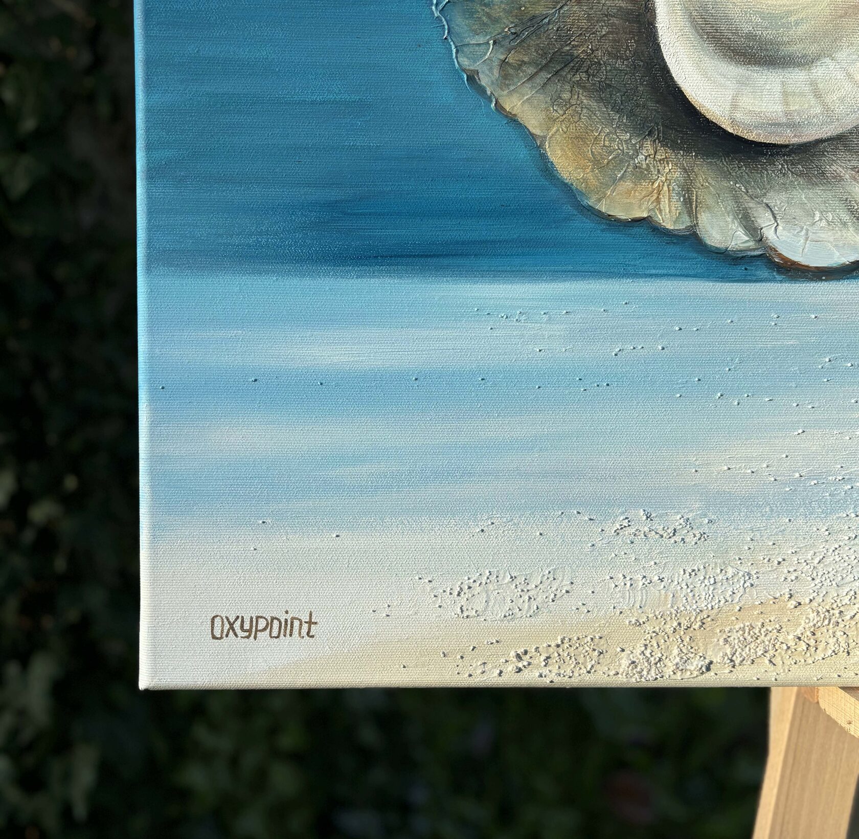 Acrylic painting pearl, mixed media, sea sand texture, open seashell, oceanic beauty, turquoise sea, waves, large wall art for sale, buy art from artist, buy original paintings, seascape, painting for sale Oxana Kravtsova Oxypoint