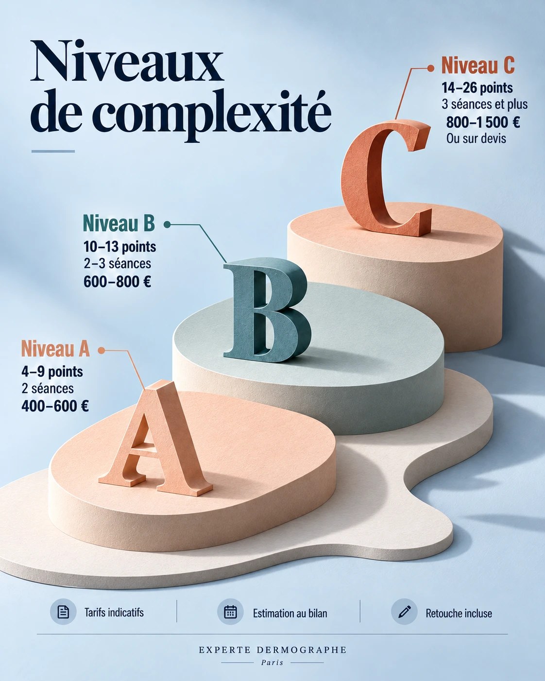 Illustration : niveaux de complexité A, B et C avec leurs scores, le nombre de séances et les tarifs indicatifs