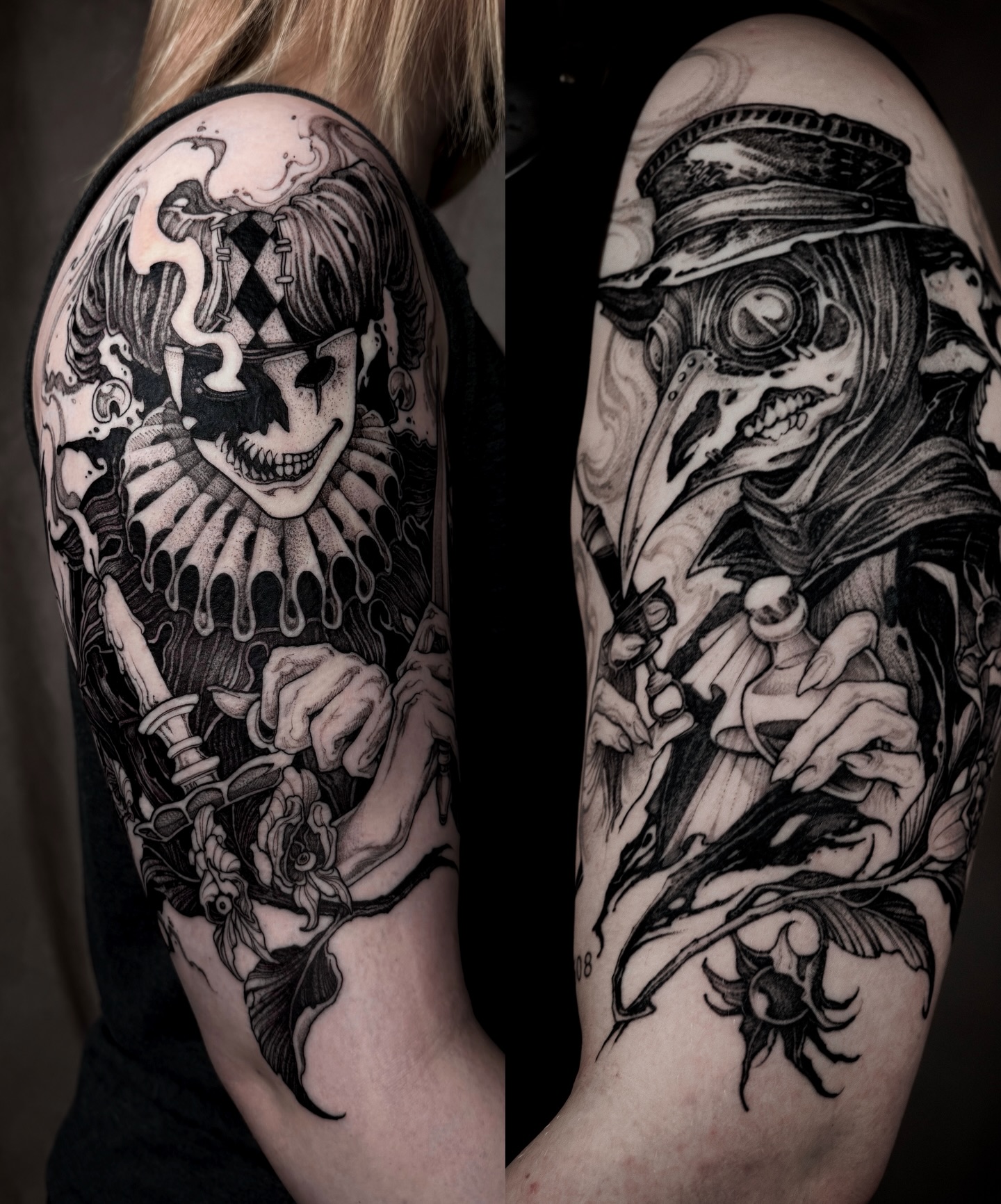 Blackwork with jester and skull motifs — Alice