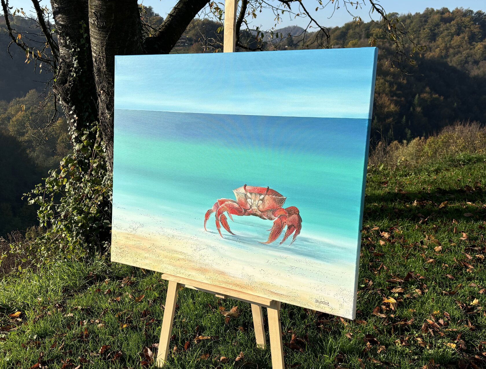 Acrylic painting crab, mixed media, sea sand texture, solitary crab, turquoise sea, waves, large wall art for sale, buy art from artist, buy original paintings, seascape, painting for sale Oxana Kravtsova Oxypoint