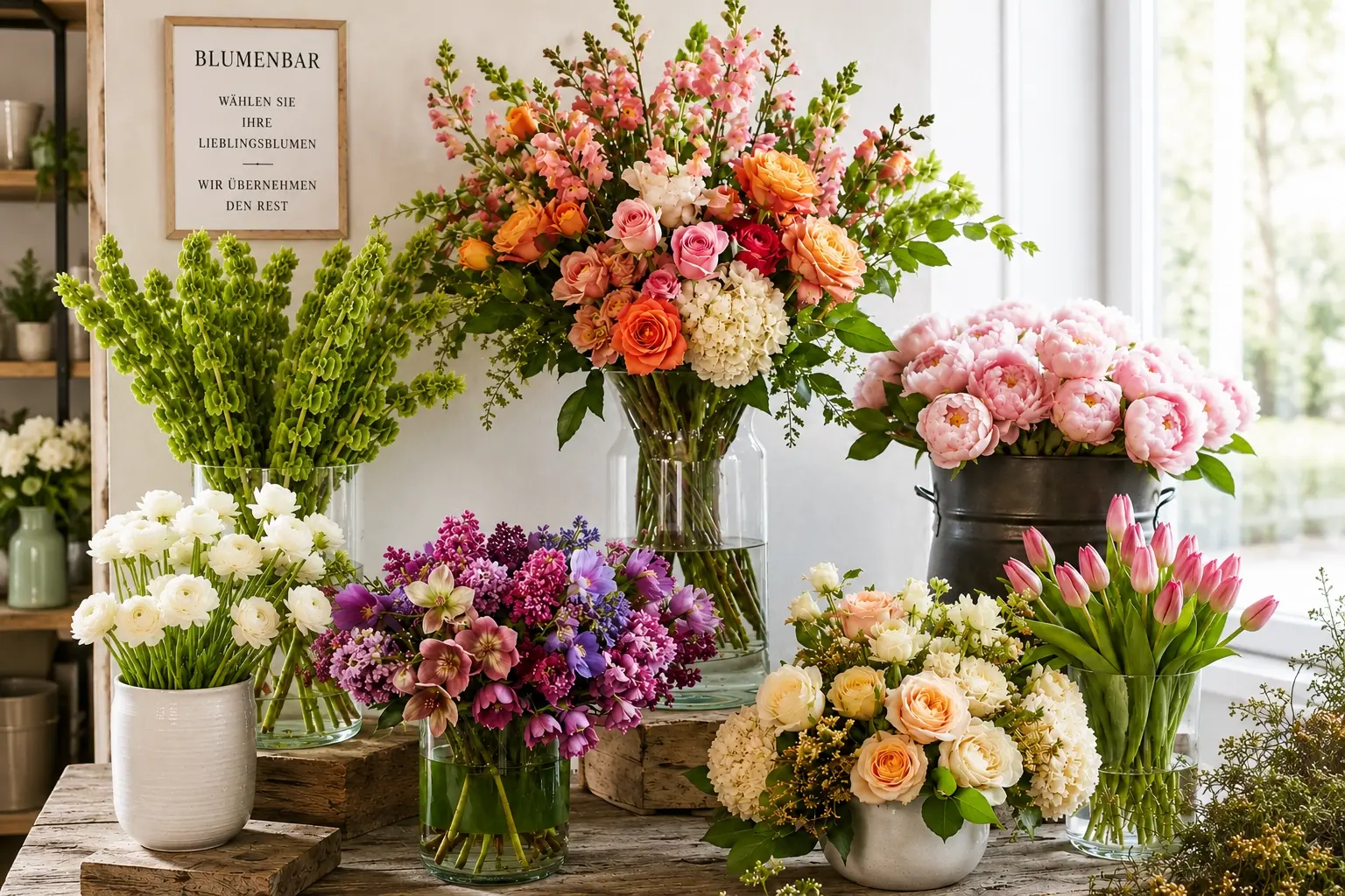 Saisonale Blumenarrangements in einem hellen hochwertigen Blumenladen