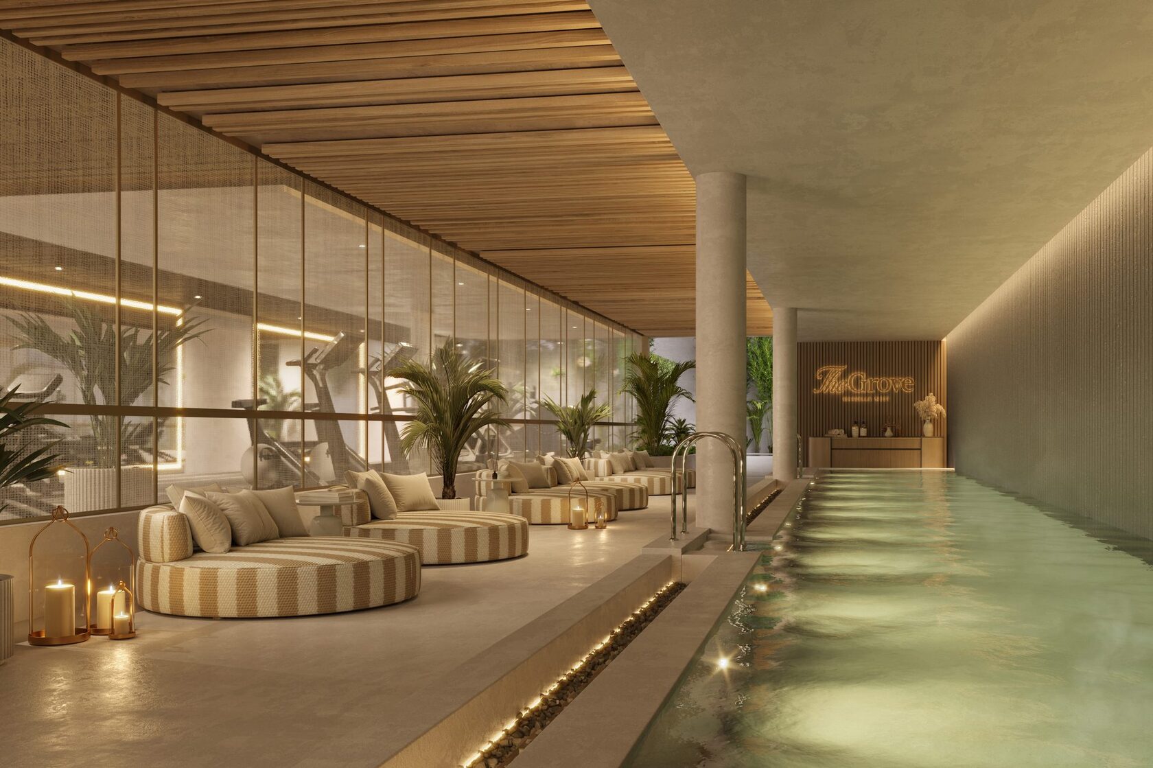 Indoor lap pool and loungers on the spa level