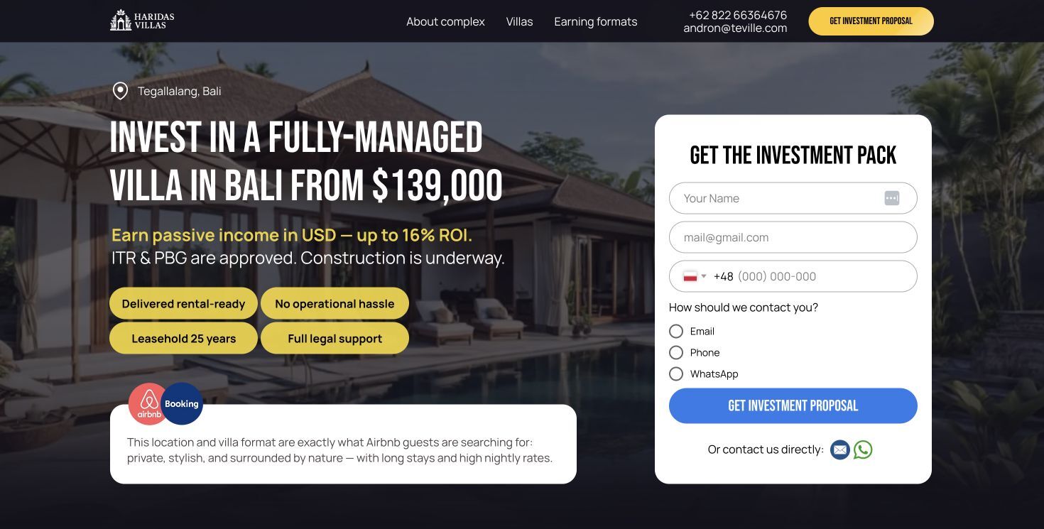 Haridas Villas website design — first screen