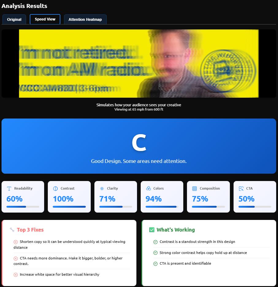 Speed View simulation screenshot for a WCCO AM Radio billboard
