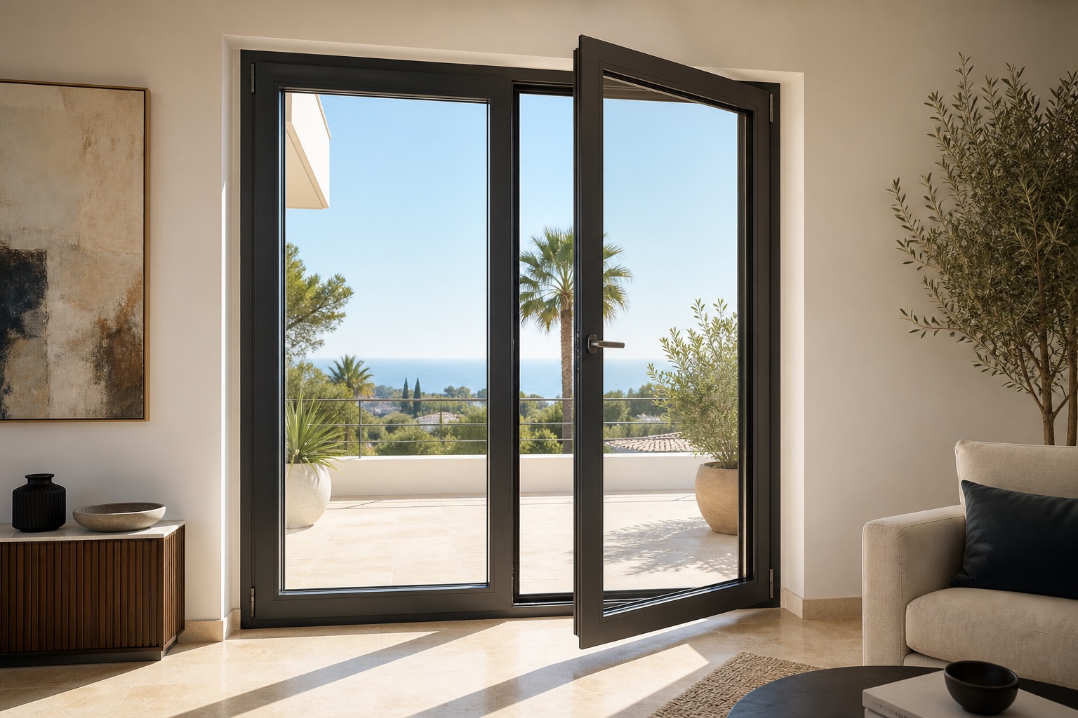 Puerta balconera de aluminio COR 70 con apertura hacia el interior