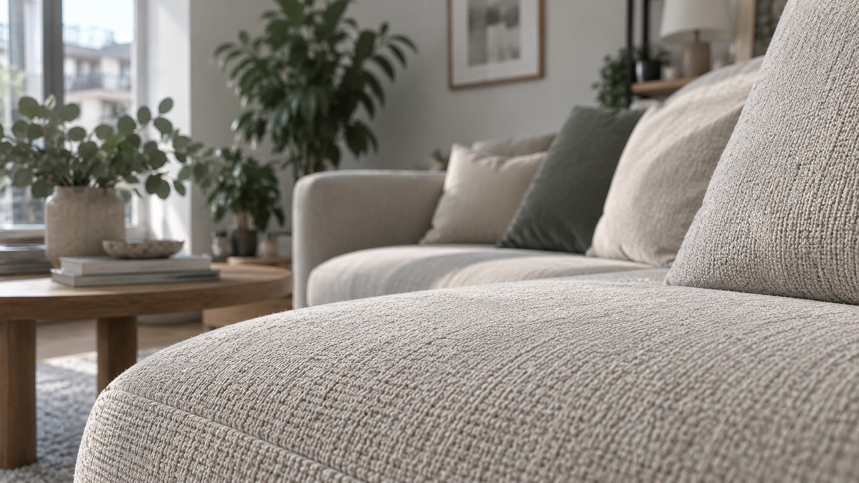 Nahaufnahme eines hellbeigen Sofas mit strukturierter Polsterung in einem modernen Wohnzimmer &ndash; Sofareinigung und gr&uuml;ndliche Pflege von Polsterm&ouml;beln bei Shikardos.