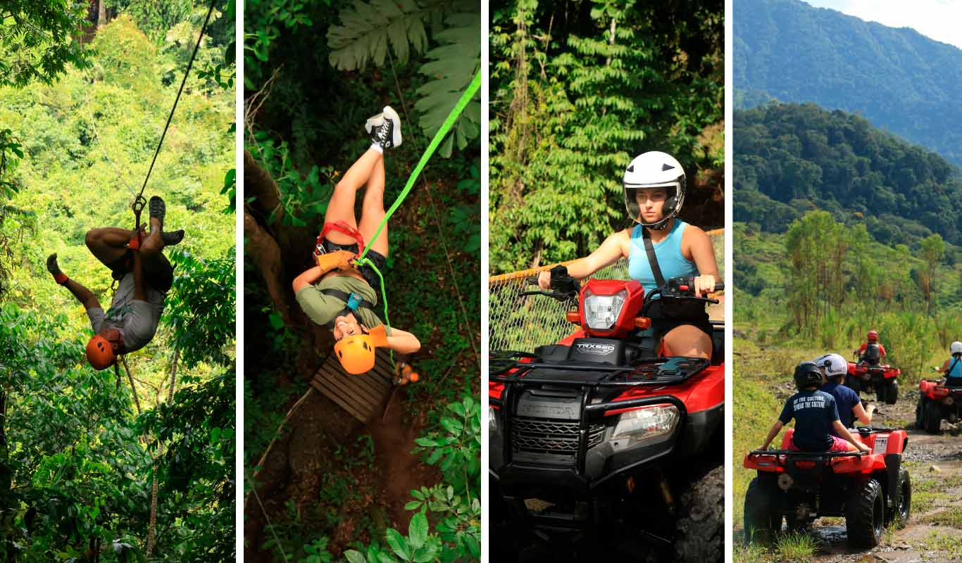 Imagen dividida: una persona en zipline sobre el verdor y un grupo en cuatrimotos por un camino de tierra