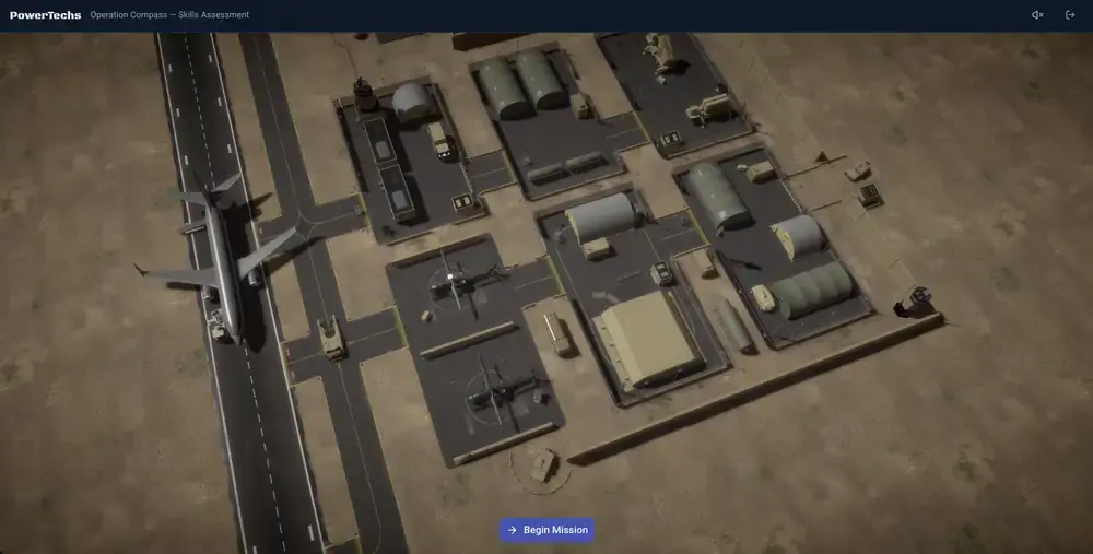 Operation Compass mission start: an overhead view of a forward operating base with aircraft, helicopters, hangars and fuel storage.