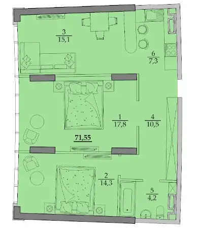Планування 2-кімнатної квартири в ЖК Авторський район Фонтанка
