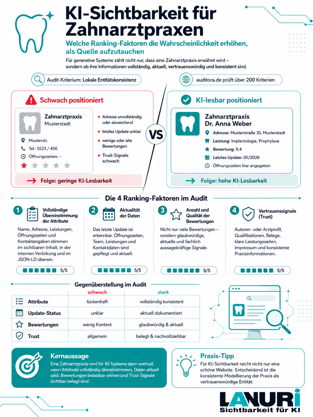 LANURI Infografik: KI-Sichtbarkeit für Zahnarztpraxen - 4 Ranking-Faktoren für lokale Entitätskonsistenz