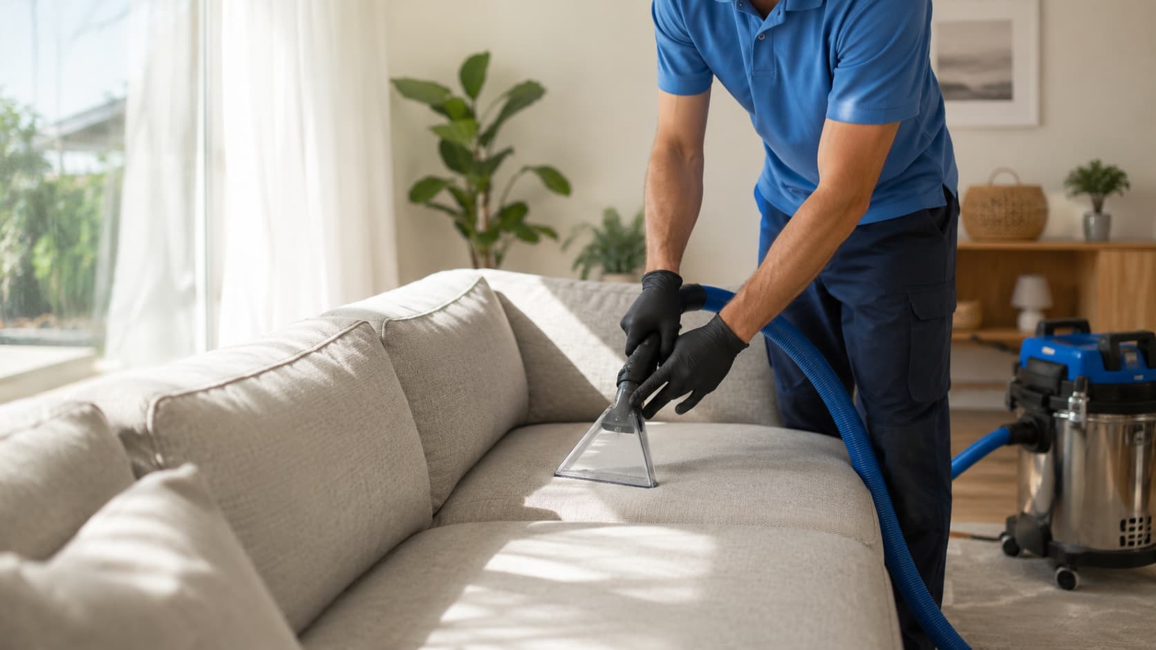 Polsterreinigung in Frankfurt: Mitarbeiter reinigt ein graues Sofa mit Sprühextraktion direkt beim Kunden zu Hause