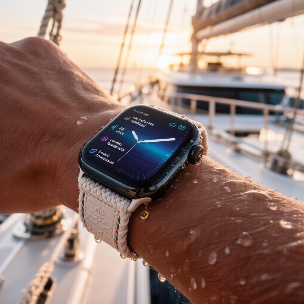 YachtOS Apple Watch на палубе яхты на закате