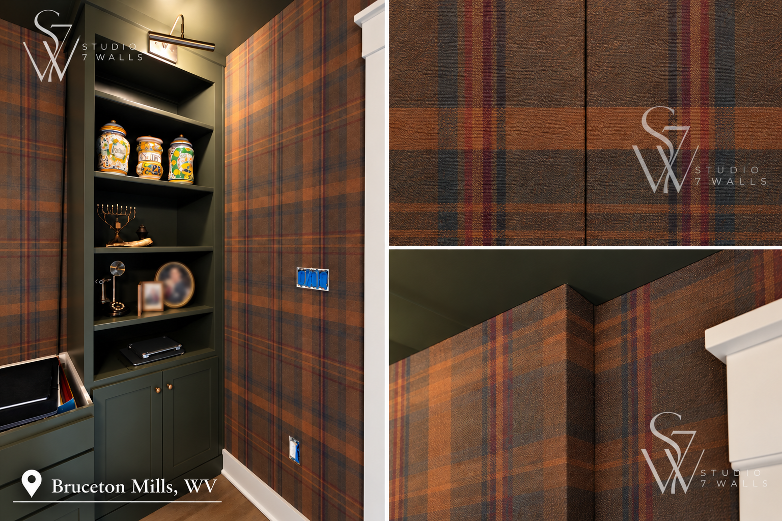 Plaid wallpaper installation with aligned pattern and clean corner seams in Bruceton Mills WV