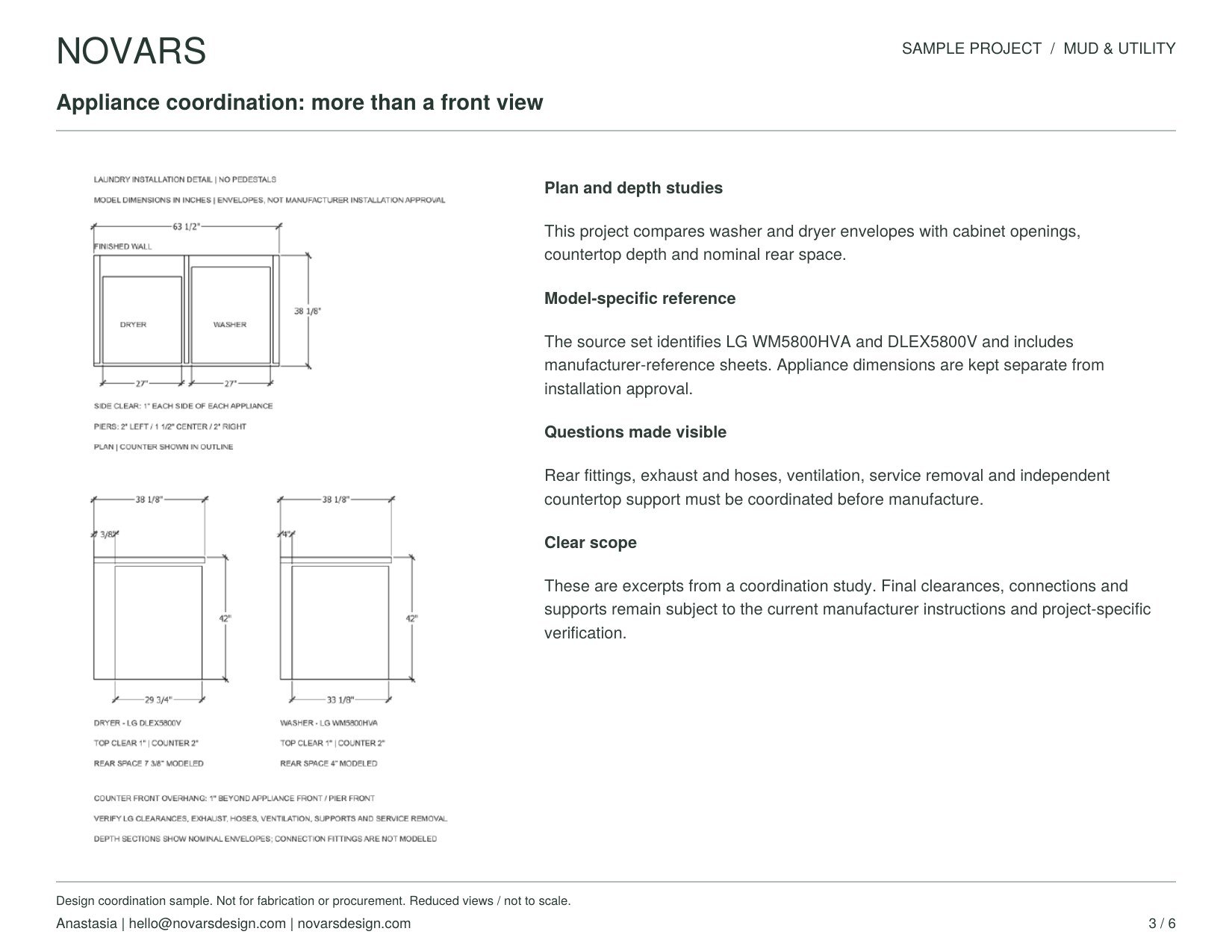 Appliance coordination study comparing laundry appliance envelopes with cabinet openings and depth