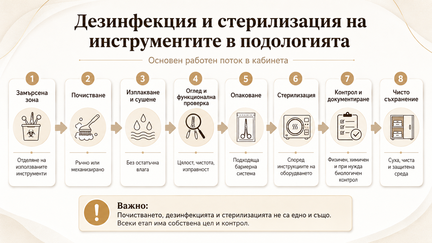 Инфографика с основните етапи за обработка на многократни инструменти в подологичния кабинет