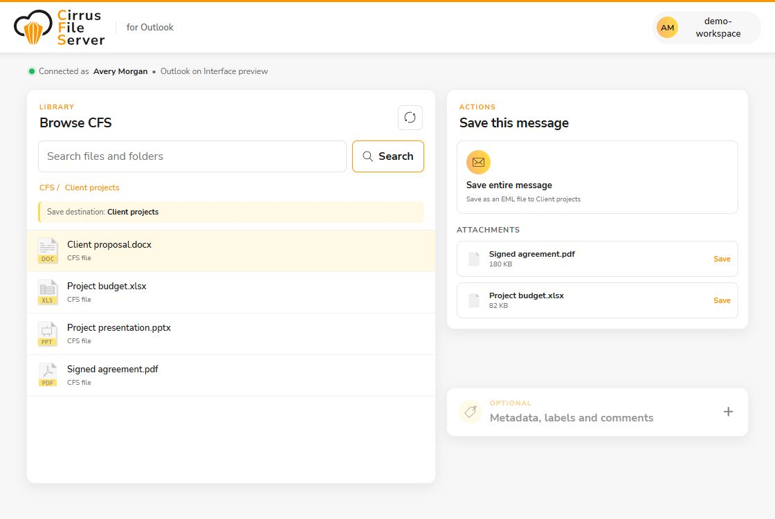 CFS for Outlook interface with a destination folder, Save entire message action, and individual attachment saving.