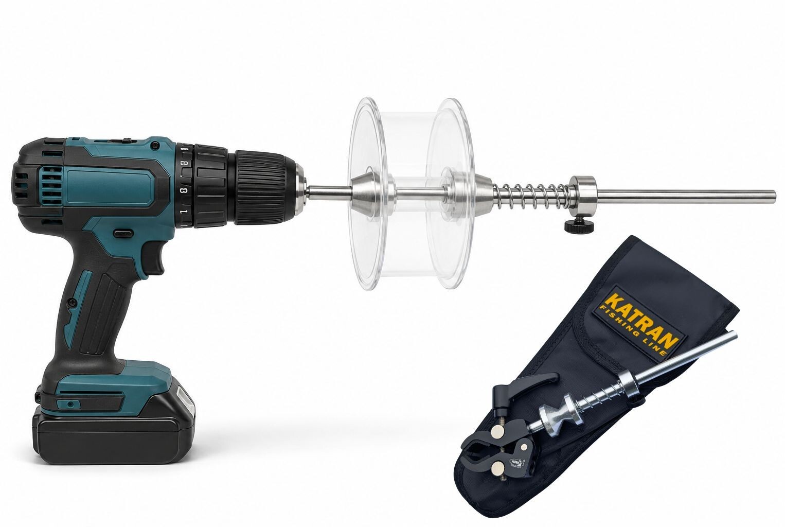 Katran line spooling tool used with a cordless drill to strip old line