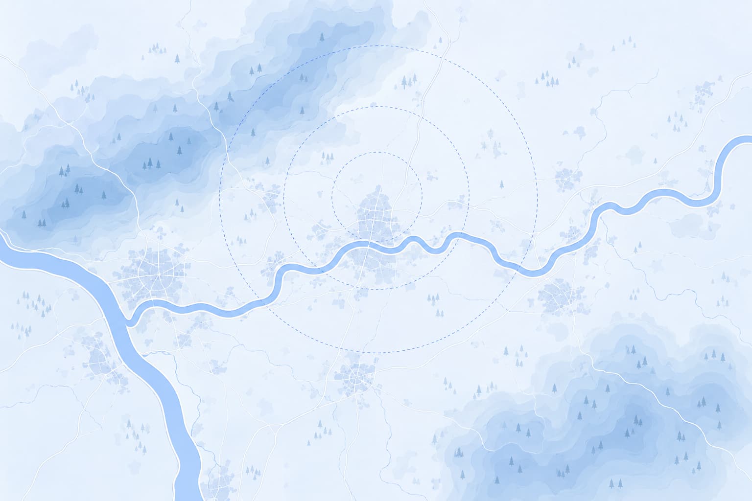 Illustrierte Karte des Rhein-Main-Gebiets mit Frankfurt in der Mitte, Main und Rhein, Taunus und Odenwald sowie Entfernungsringen rund um die Stadt. Shikardos Reinigung reinigt Polster, Sofas und Matratzen in Frankfurt und den umliegenden St&auml;dten.
