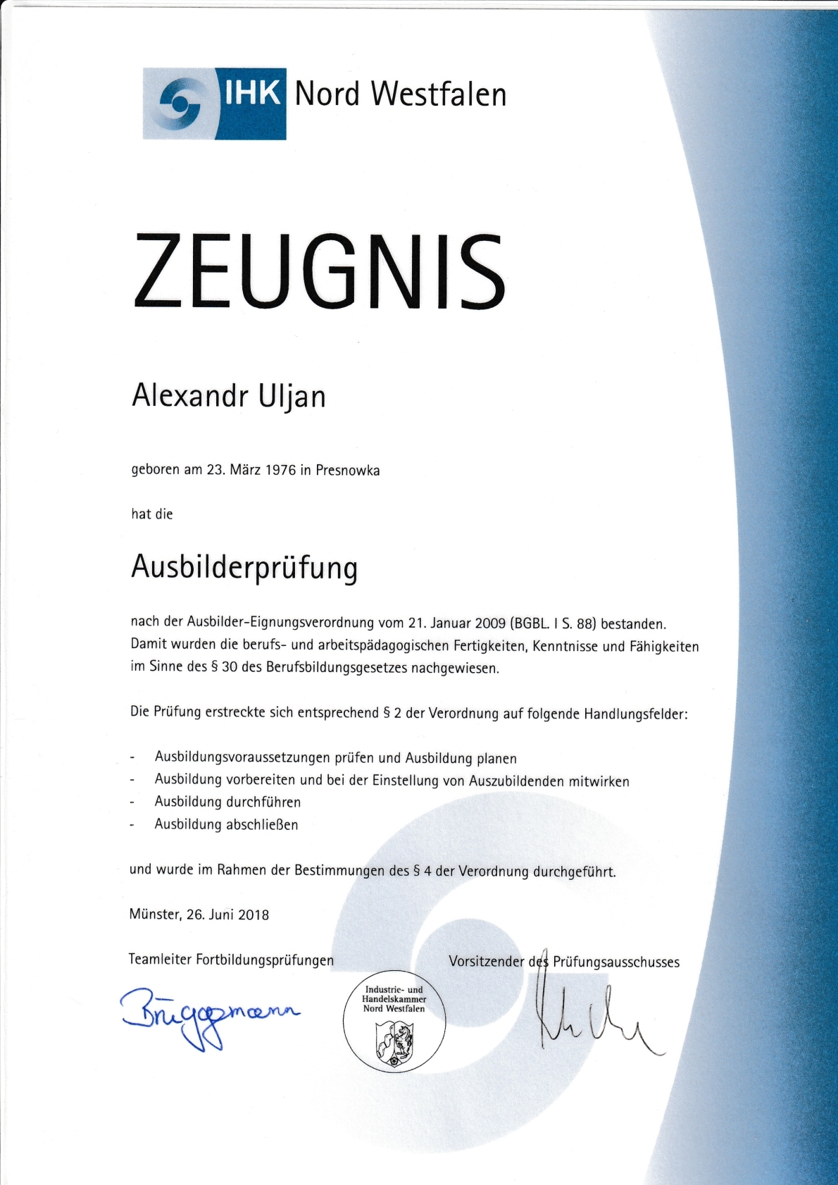 IHK-Zeugnis Ausbilderprüfung