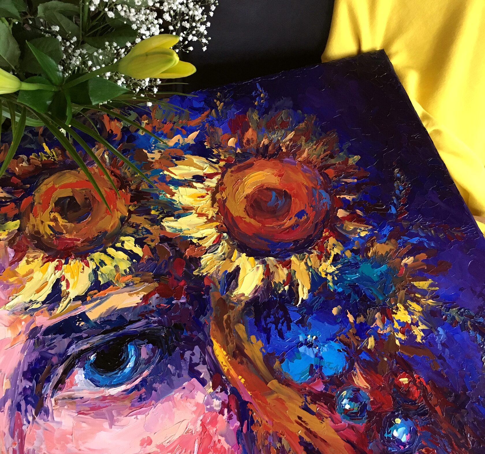 Girl with a wreath of sunflowers oil painting, contemporary portrait abstract art, flower knife painting, artist OXYPOINT Oxana Kravtsova, painting for sale 