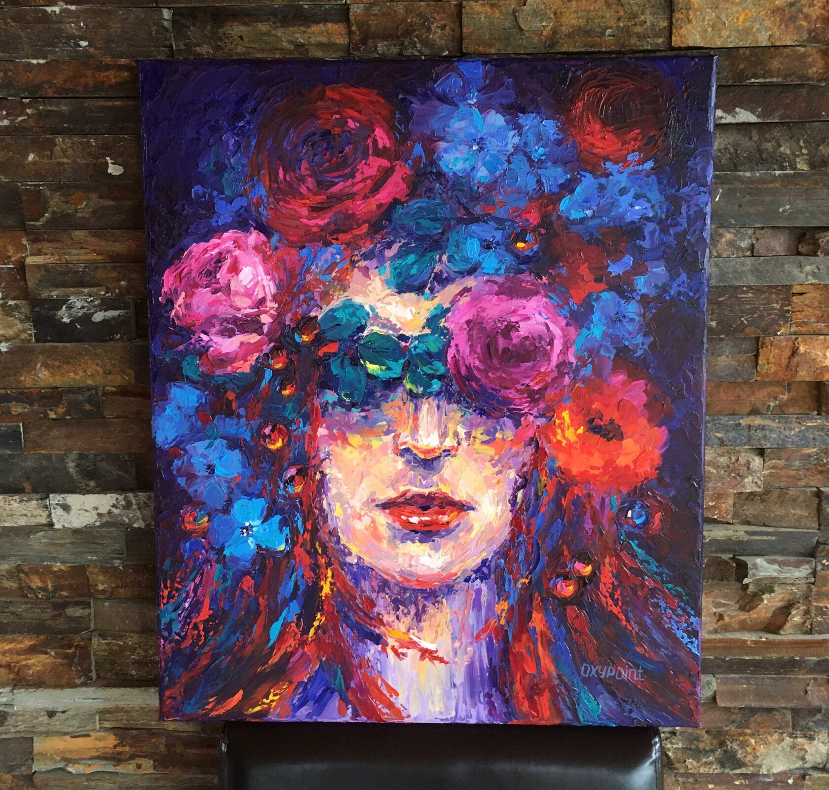 girl with flowers on her head oil painting, contemporary portrait abstract art, flower knife painting, artist OXYPOINT Oxana Kravtsova, painting for sale 