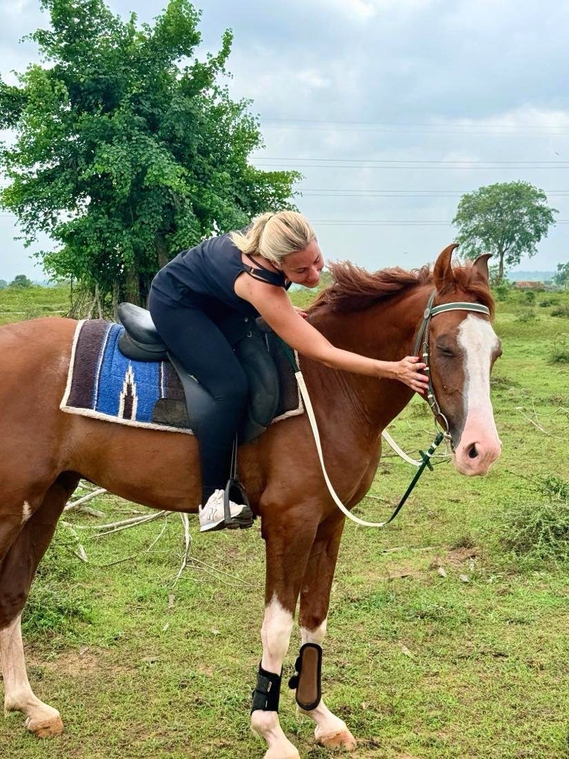 Guest gently bonding with a horse before a riding holiday at Vonfidel Ranch in Sri Lanka