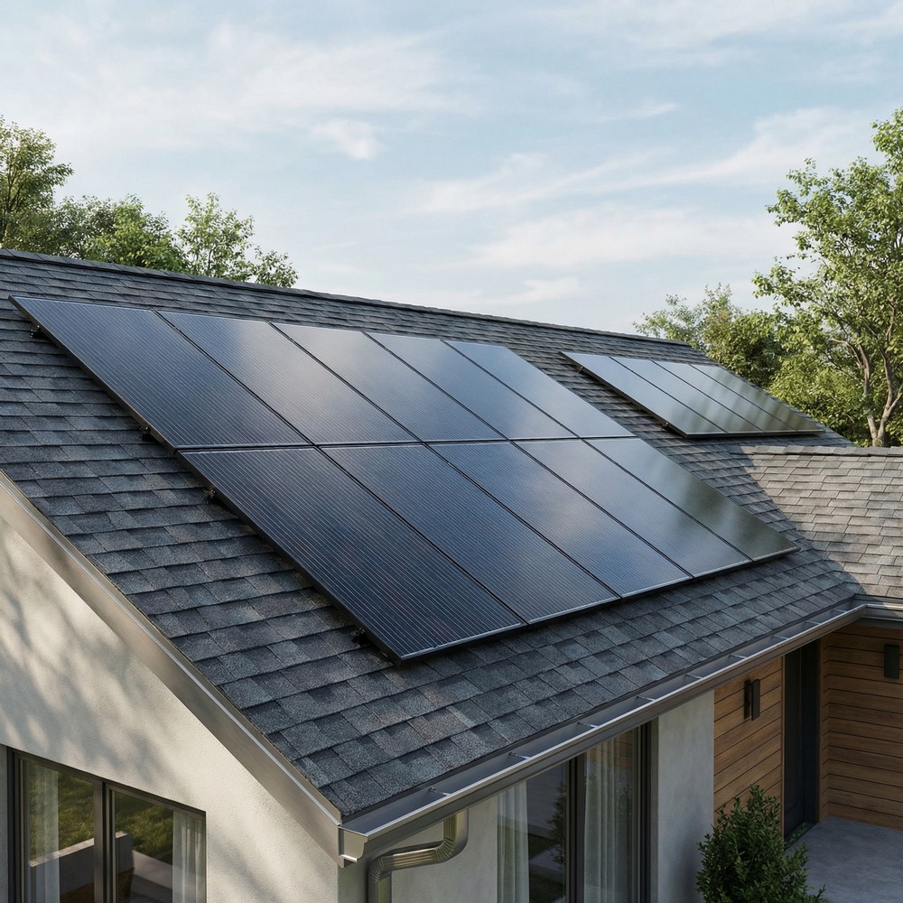 Black solar panels mounted flush on a shingle roof