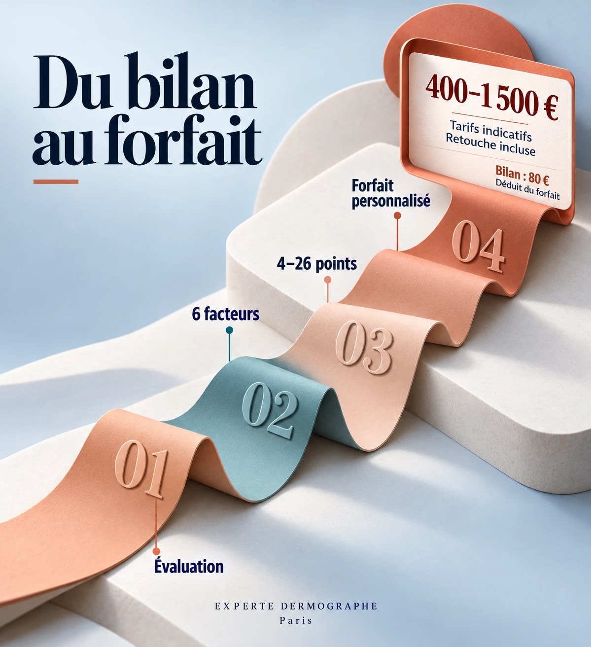 Illustration : du bilan au forfait en quatre étapes, évaluation, 6 facteurs, score de 4 à 26 points, forfait personnalisé de 400 à 1 500 €