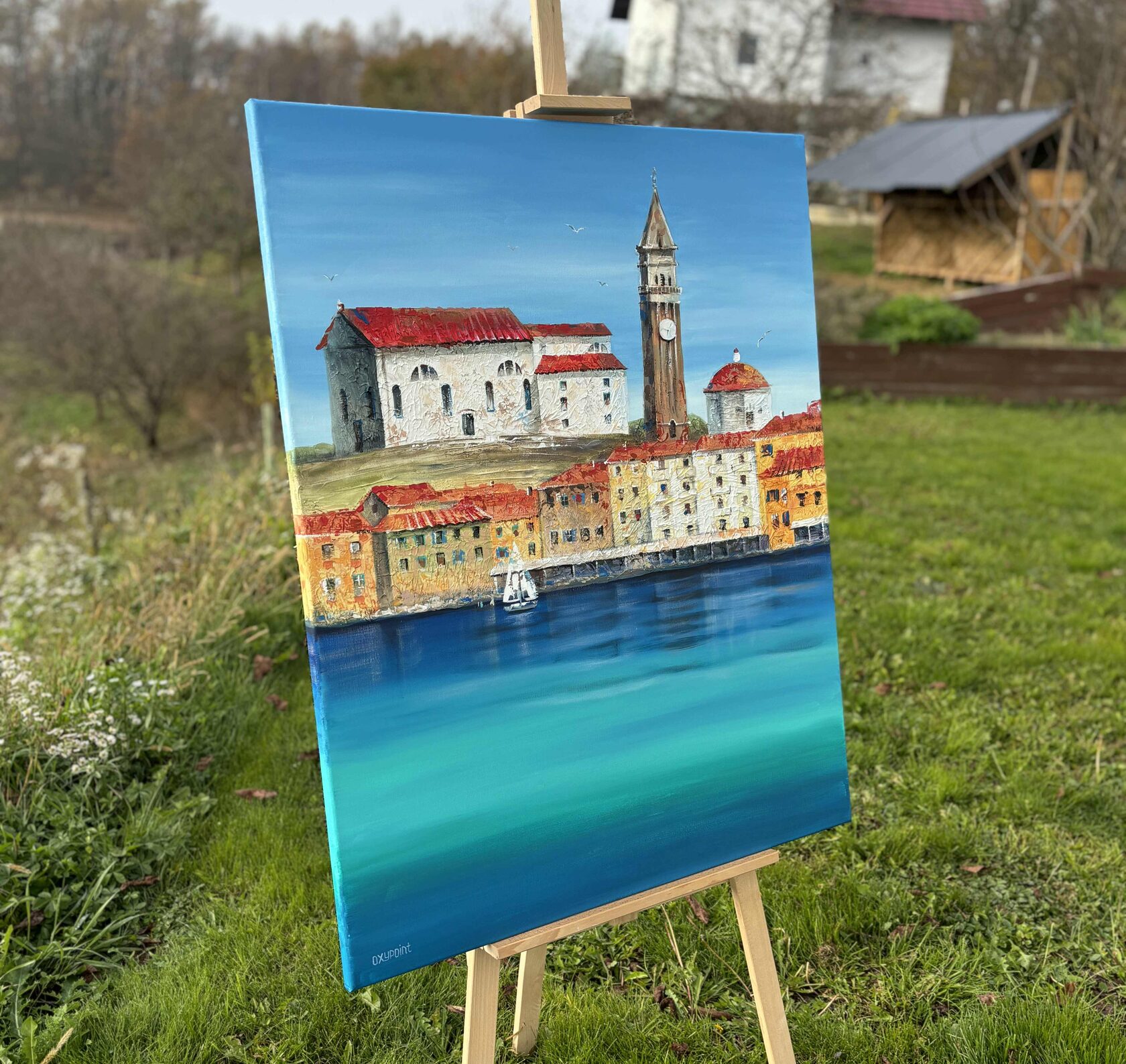 Acrylic painting Piran, mixed media, large wall art for sale, buy art from artist, buy original paintings, Slovenia, painting for sale Oxana Kravtsova Oxypoint