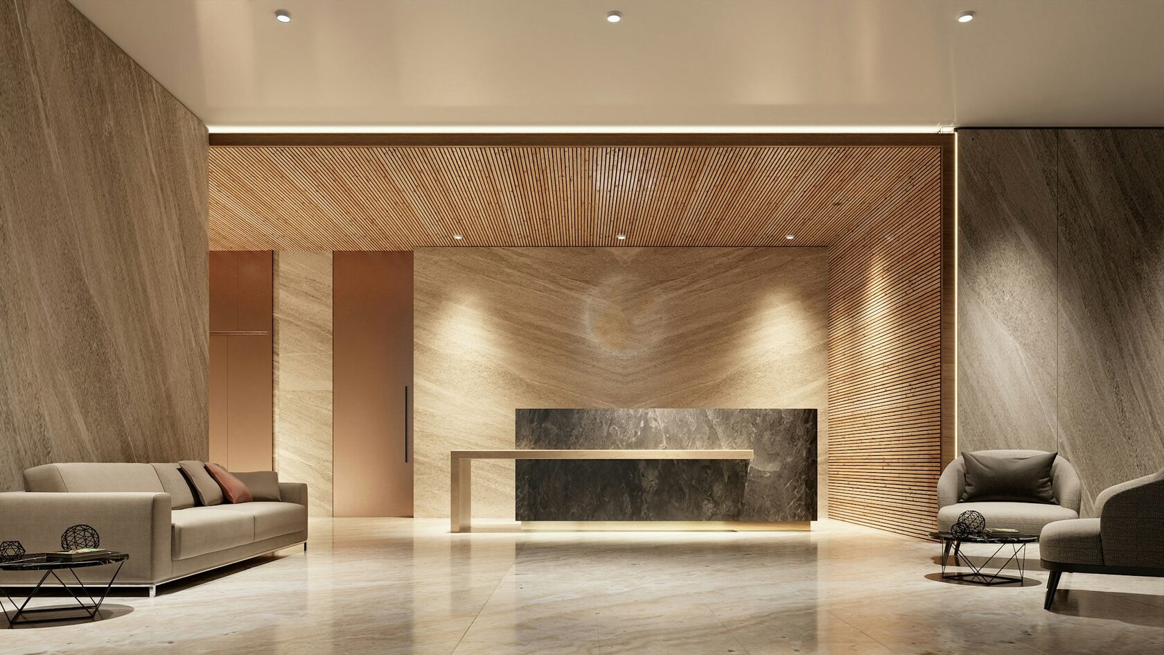 Modern lounge featuring architectural acoustic wood wall panels