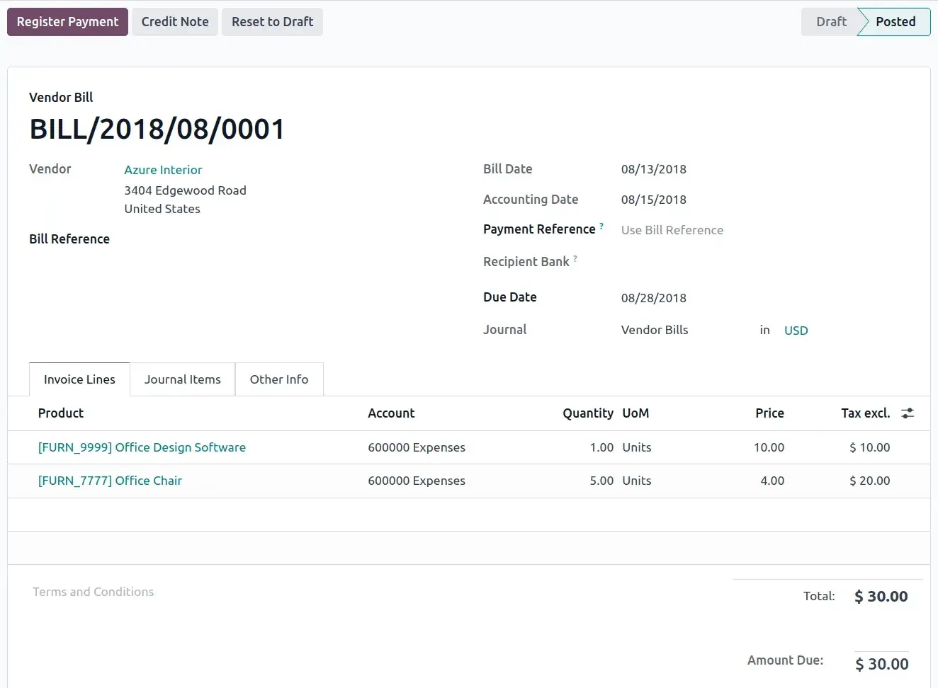 Счёт поставщика в Odoo: поля, распознанные из PDF, и бухгалтерские строки