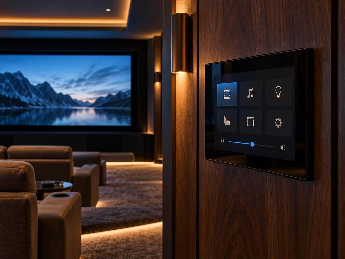 Concept cinema with wall-mounted control panel and soft lighting