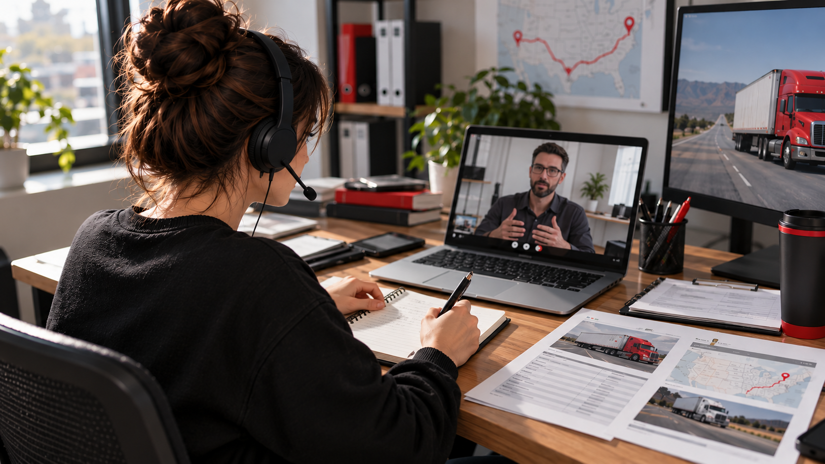A professional remote interview setup with a candidate, headset, notes and a neutral dispatch scenario sheet