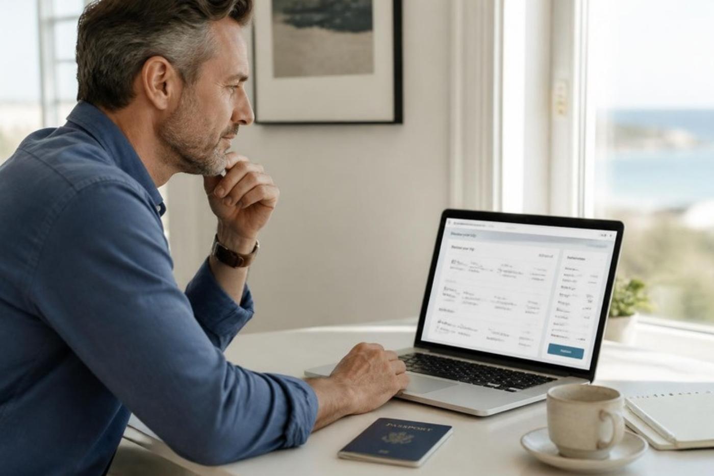 Traveler reviewing a flight booking on a laptop before paying