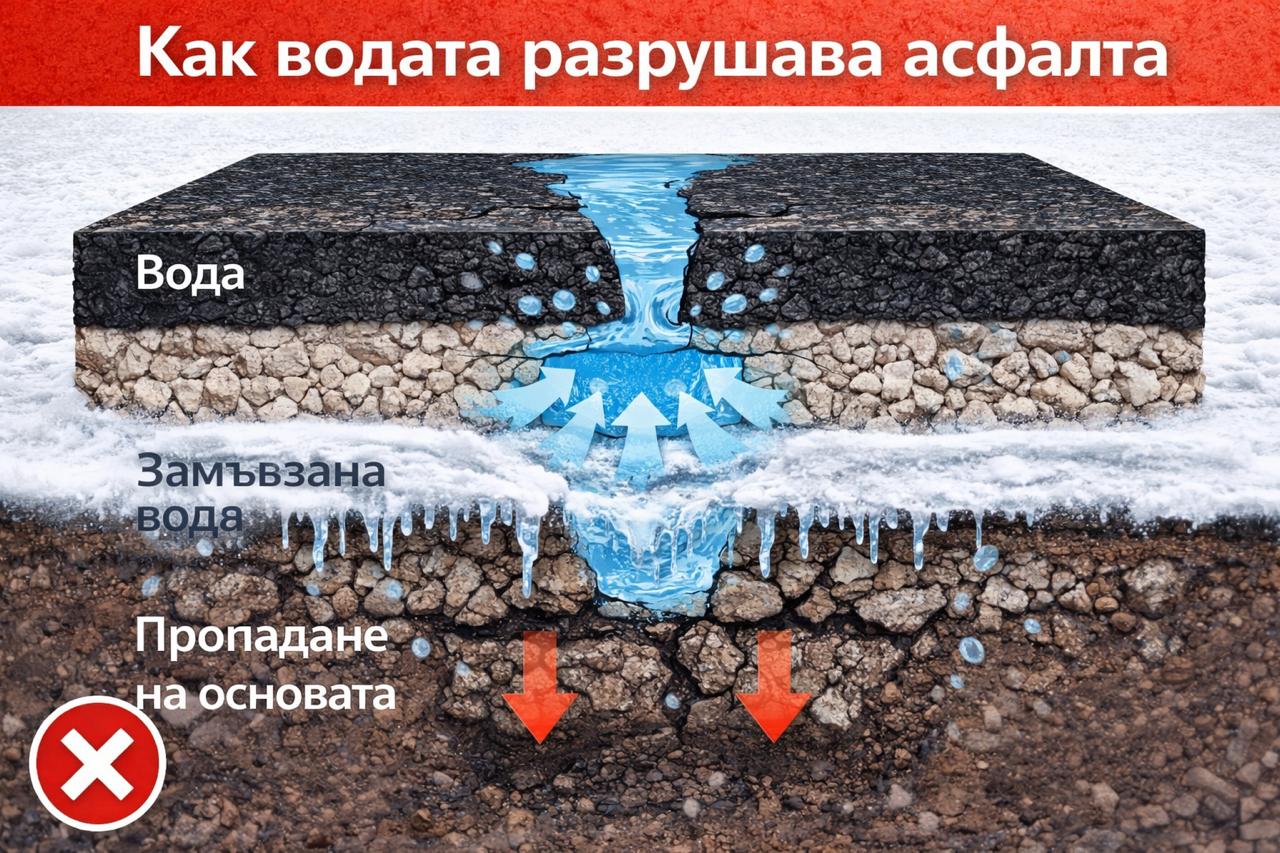 Разрез на асфалт – вода в пукнатина, замръзване и разширяване, пропадане на основата