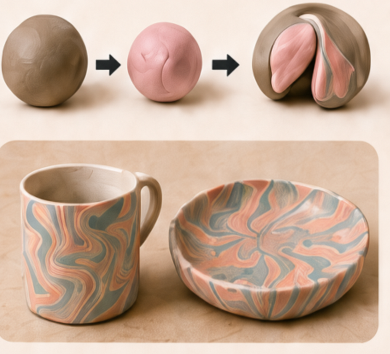 Nerikomi clay reveal process with marbled color