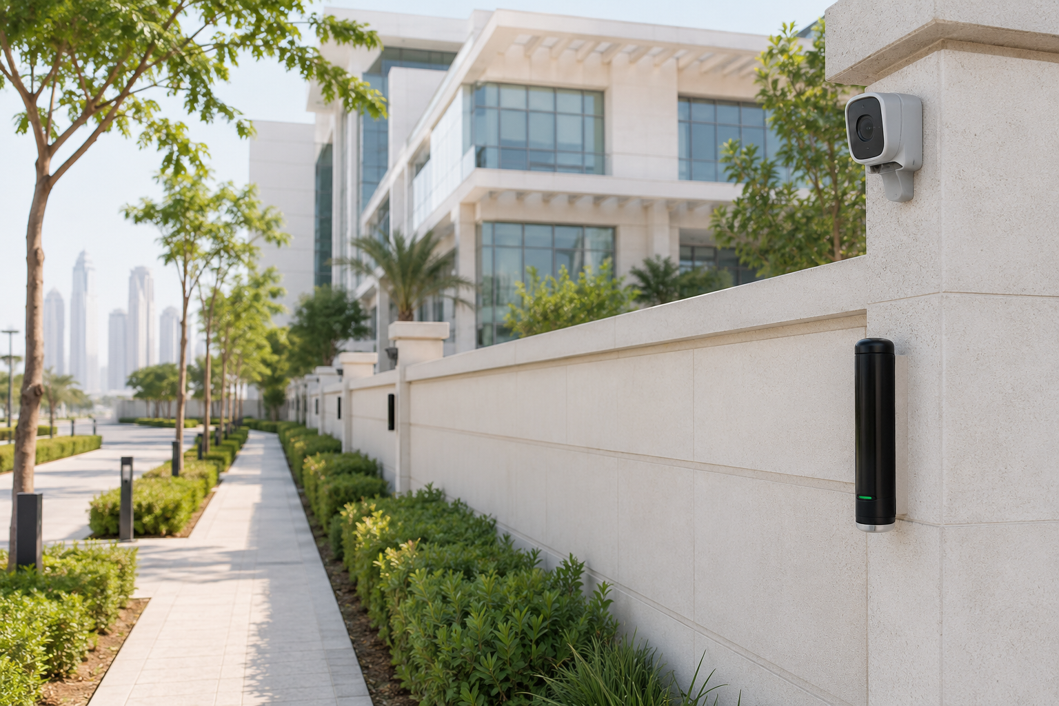 Perimeter sensors and security cameras protecting a modern building campus