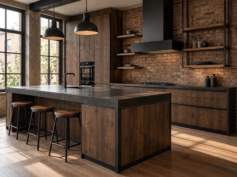 Mobilier loft cu lemn, metal și accente închise