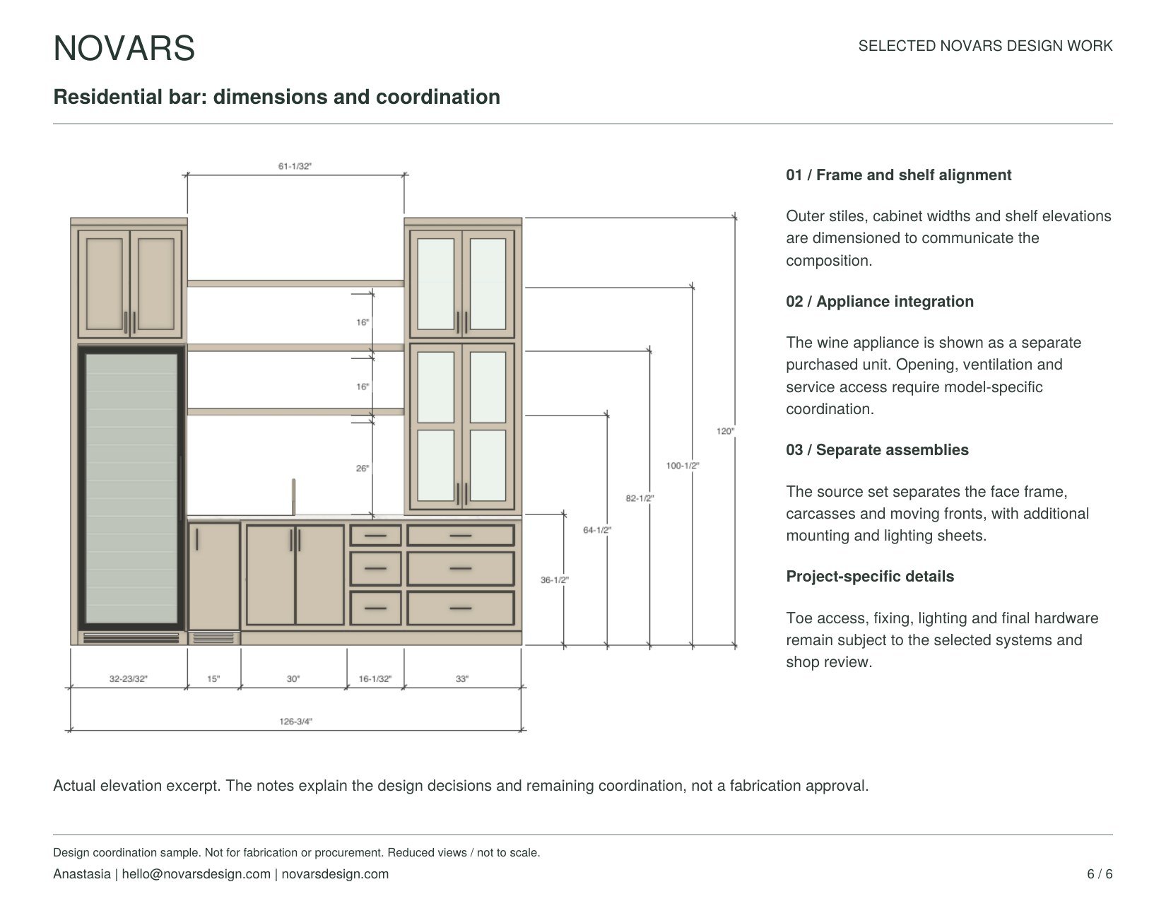 Residential bar elevation with frame and shelf alignment and an integrated wine appliance