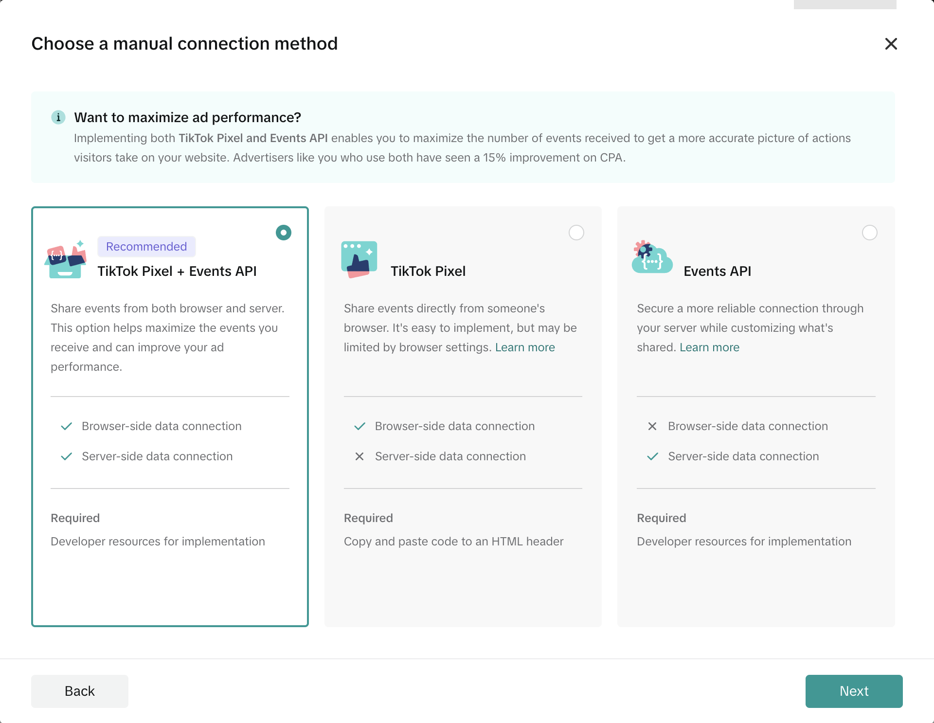 Выбор пикселя вместе с Events API в TikTok