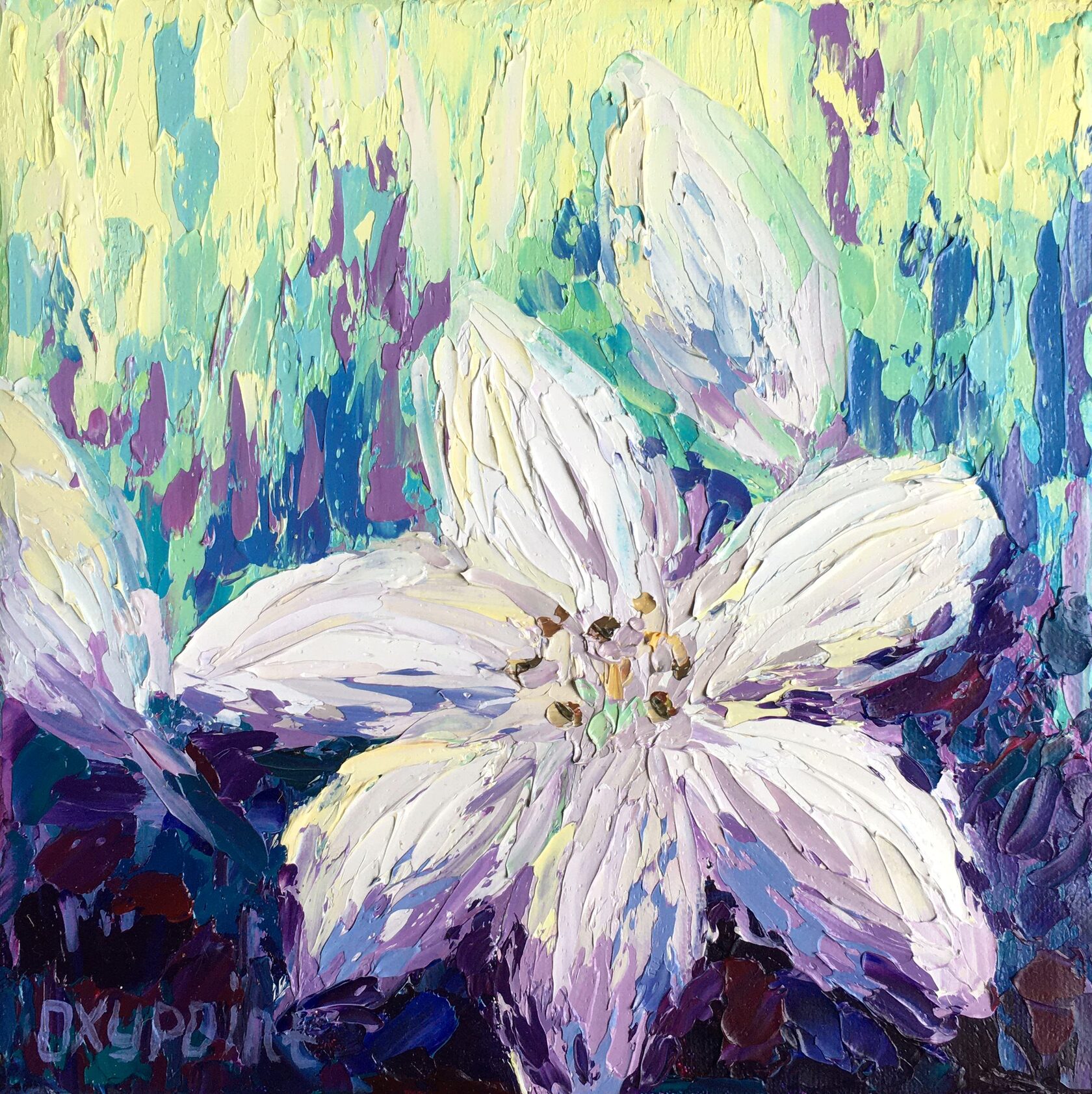 lily oil painting, flowers abstract art, flower knife painting, artist OXYPOINT Oxana Kravtsova