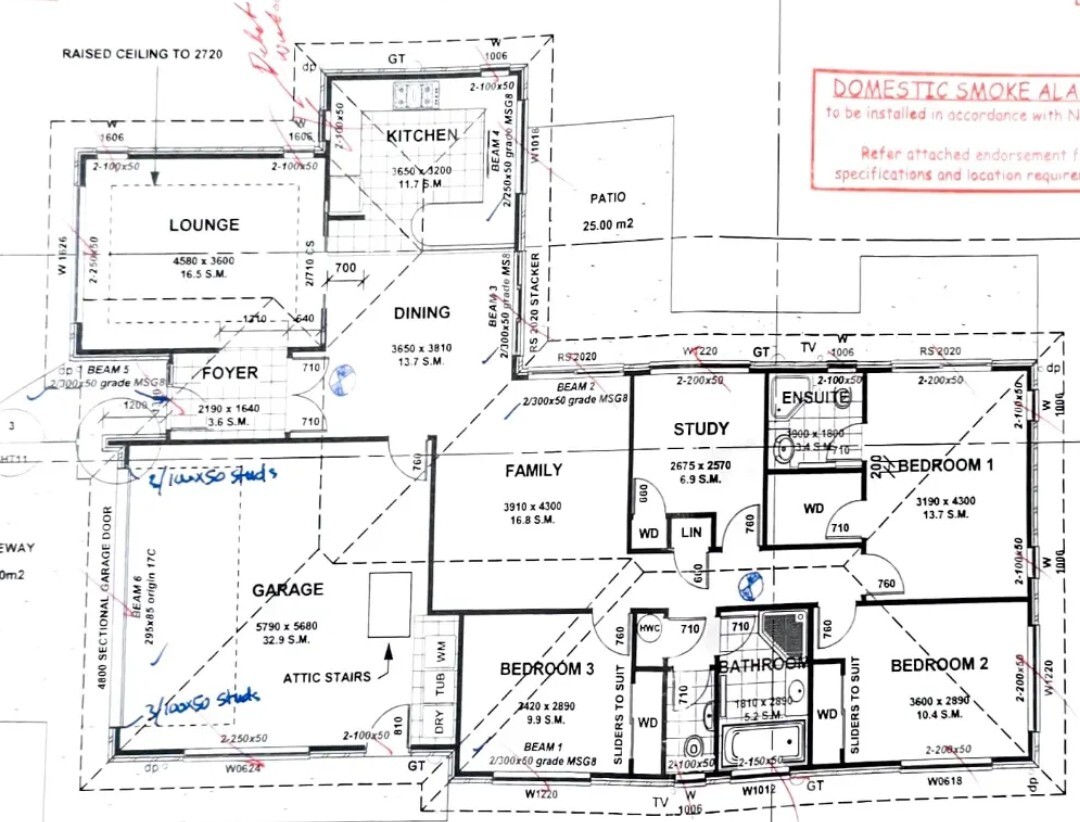 Floor plan of the Flat Bush home showing the kitchen, lounge, dining and family rooms, study, three bedrooms, bathrooms and garage