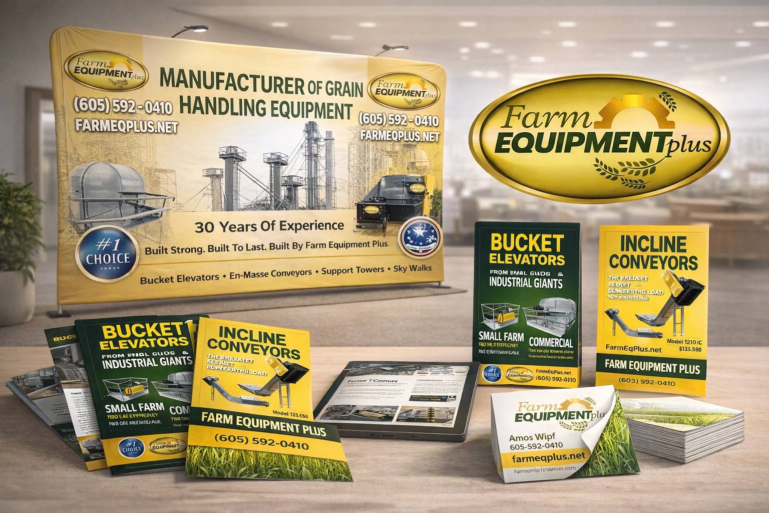 Farm Equipment Plus print design — brochure, banner and sales sheet previews