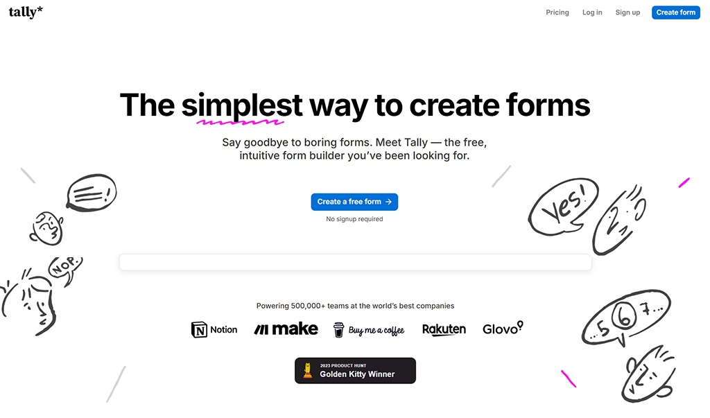 SaaS landing page example — Tally.