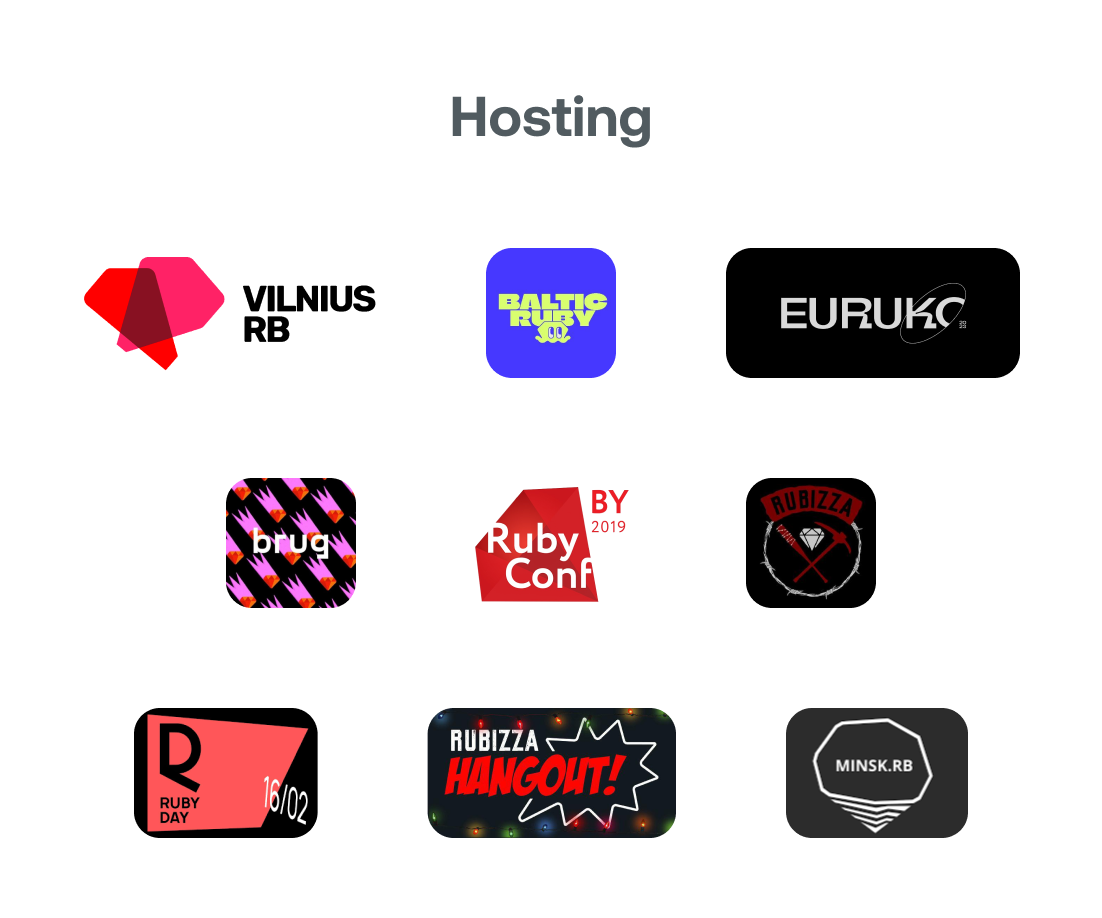 Logos of VilniusRb, Baltic Ruby, Euruko, Brug, Ruby Conf, Rubizza, Ruby Day, Rubizza Hangout!, Minsk.rb representing the hosting of Cybergizer.