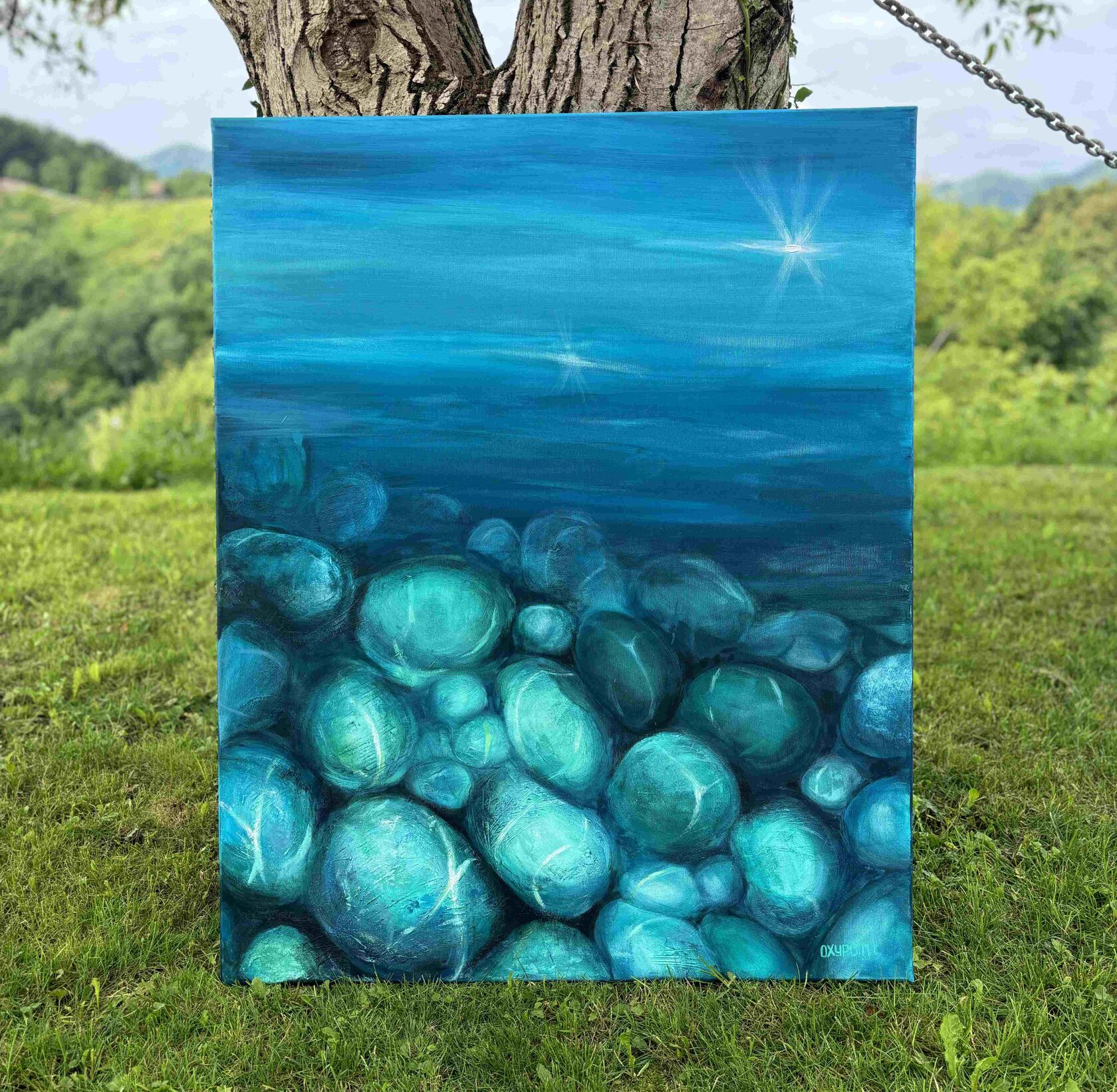 Acrylic painting of the seabed, stones and pebbles, mixed media, turquoise sea, large wall art for sale, buy art from artist, buy original paintings, waves, seascape, painting for sale Oxana Kravtsova Oxypoint