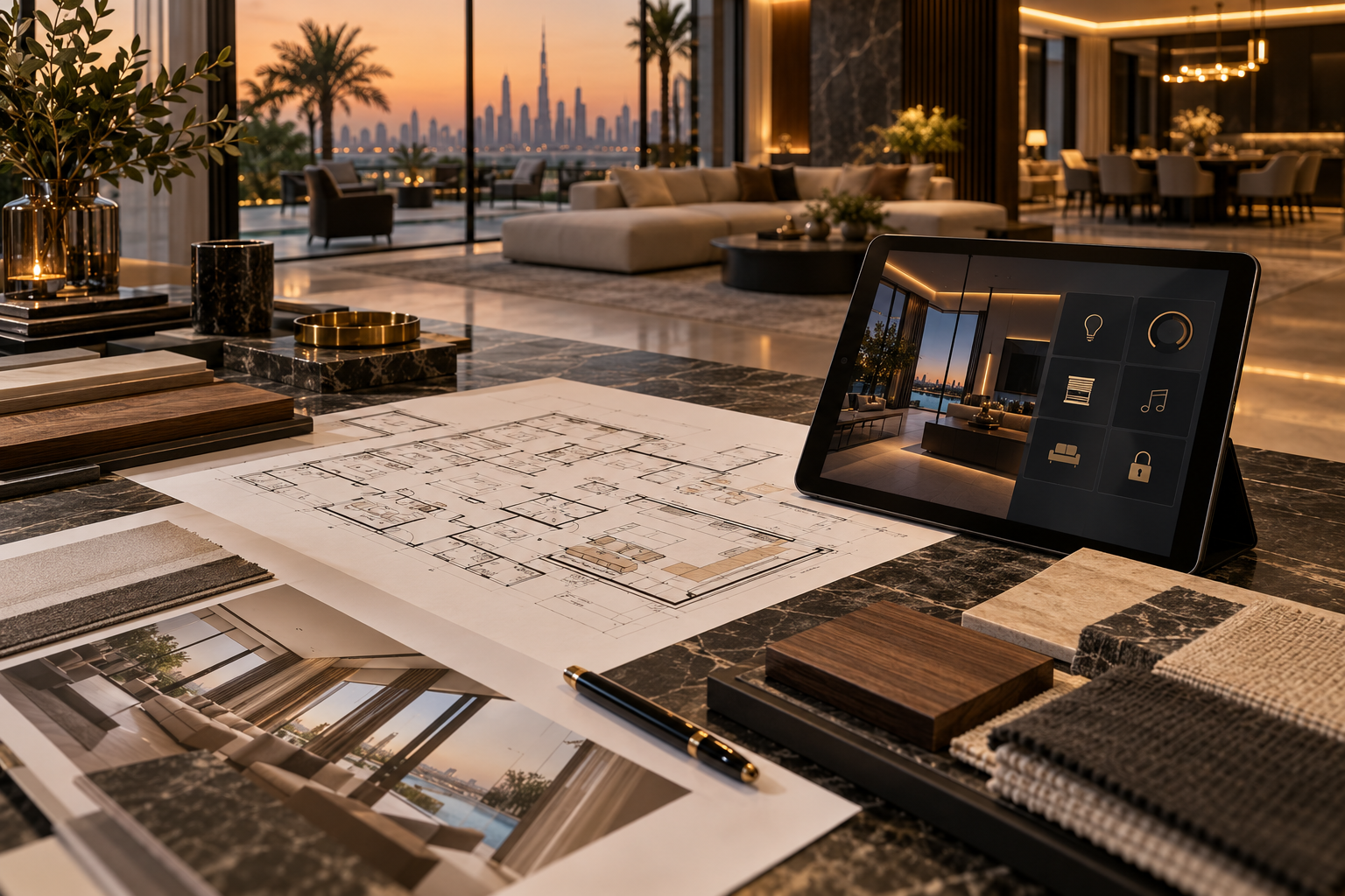 Illustrative concept of smart home plans and a control interface on an architect's worktable