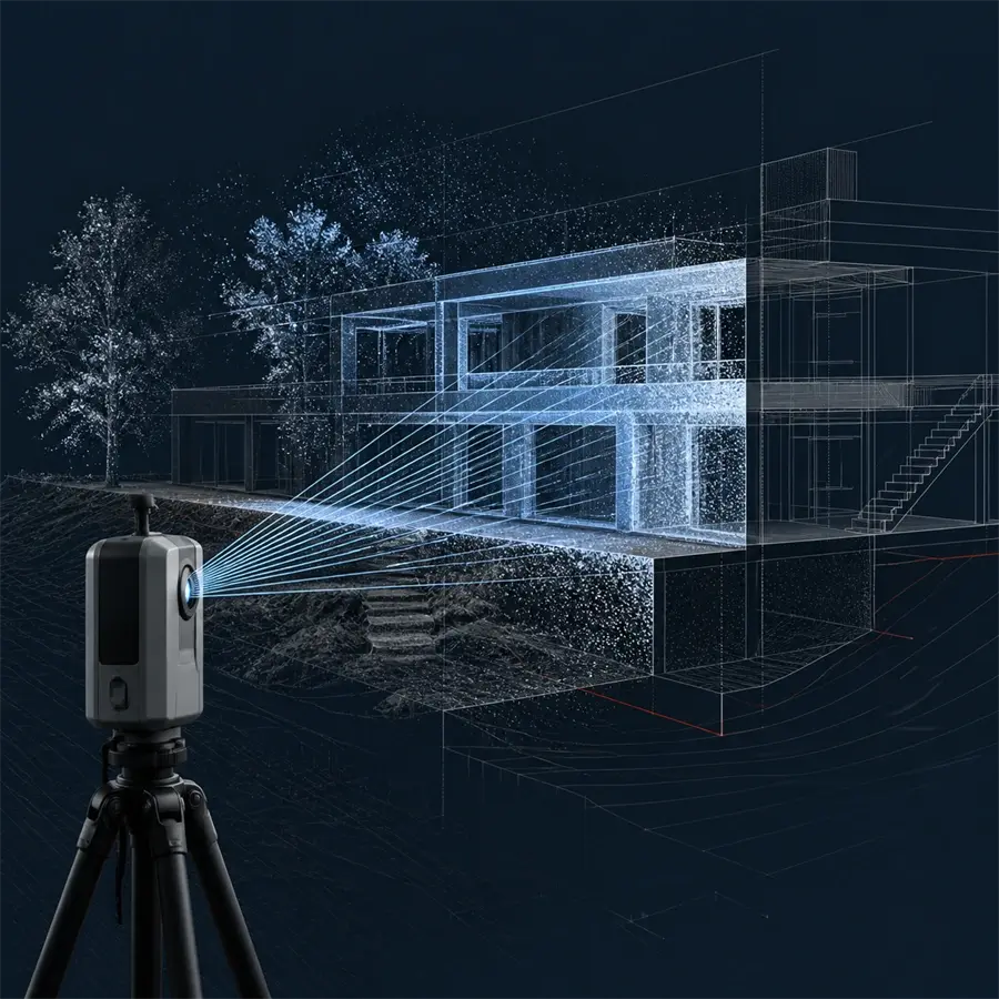 LiDAR skenera un trīsdimensiju punktu mākoņa tehniska ilustrācija