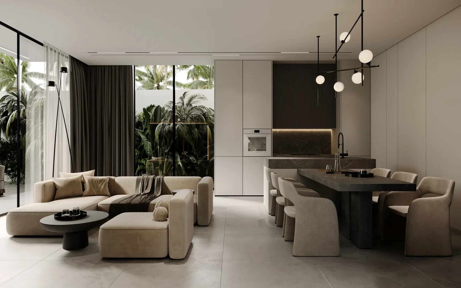 Architectural visualization by VSTUDIO 208 of a contemporary interior with neutral finishes and tropical greenery